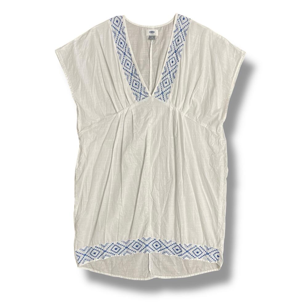 Old Navy White Blue Embroidered Cotton Dress Small Boho Summer